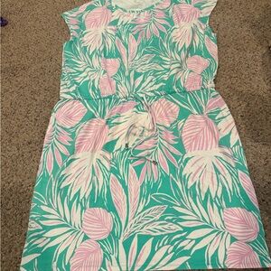 Elle Pink and Green Leaf Print Midi Dress